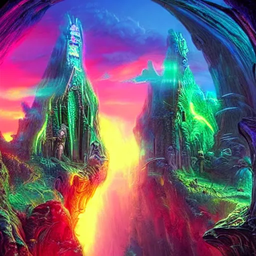 Image similar to portal to another dimension, magnificent, epic, neon, highly detailed, beautiful lighting, fantasy landscape