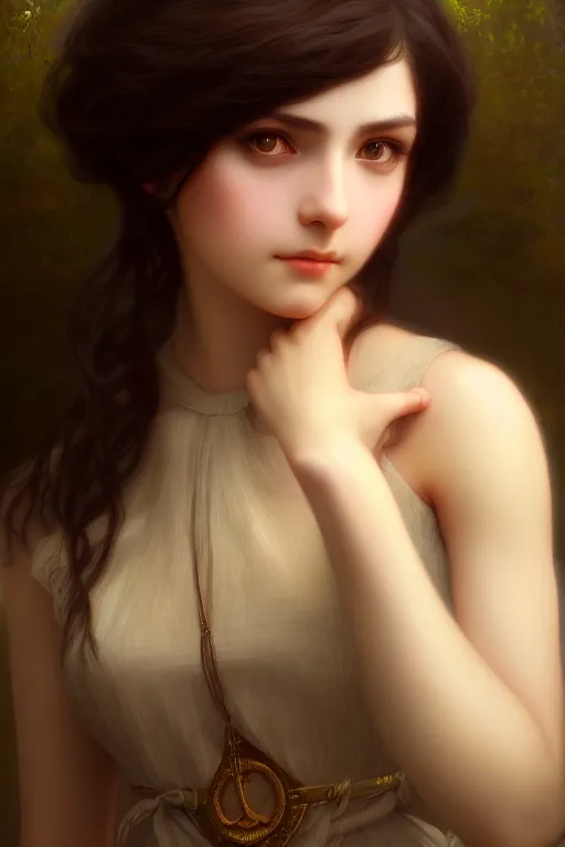 Prompt: a portrait of a beautiful dark hair waif girl, bored, illustration, soft lighting, soft details, painting oil on canvas by Edmund Blair Leighton and Charlie Bowater octane render trending on artstation, 4k, 8k, HD