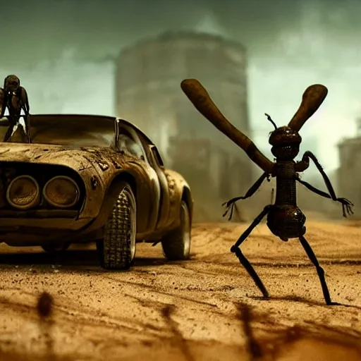 Prompt: ant humanoid with wrench, post-apocalyptic, mad max style, top cinematic lighting , cinematic mood, very detailed,