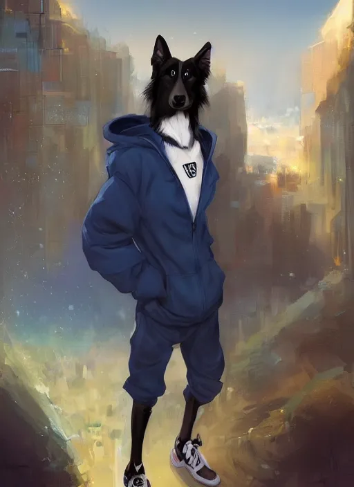 Image similar to beautiful portrait of a cute male anthropomorphic border collie fursona wearing a blue tracksuit in a metropolis. character design by charlie bowater, henry asencio, and ross tran. scenic background, detailed, glamor pose, aesthetic, trending on artstation, top rated on furaffinity and deviantart