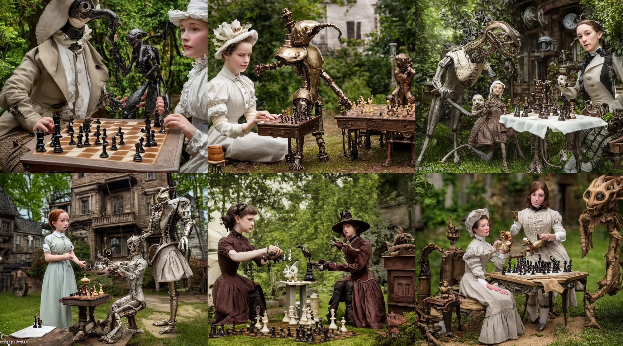 Prompt: detailed, sharp, a girl with very short hair, playing chess with her cute pet humanoid alien creature, wearing 1860s era clothes, in the garden of a house on an strange alien planet, steampunk, extremely highly detailed, hyperrealistic, highly detailed faces, 70 mm still from a period sci fi movie, 4k