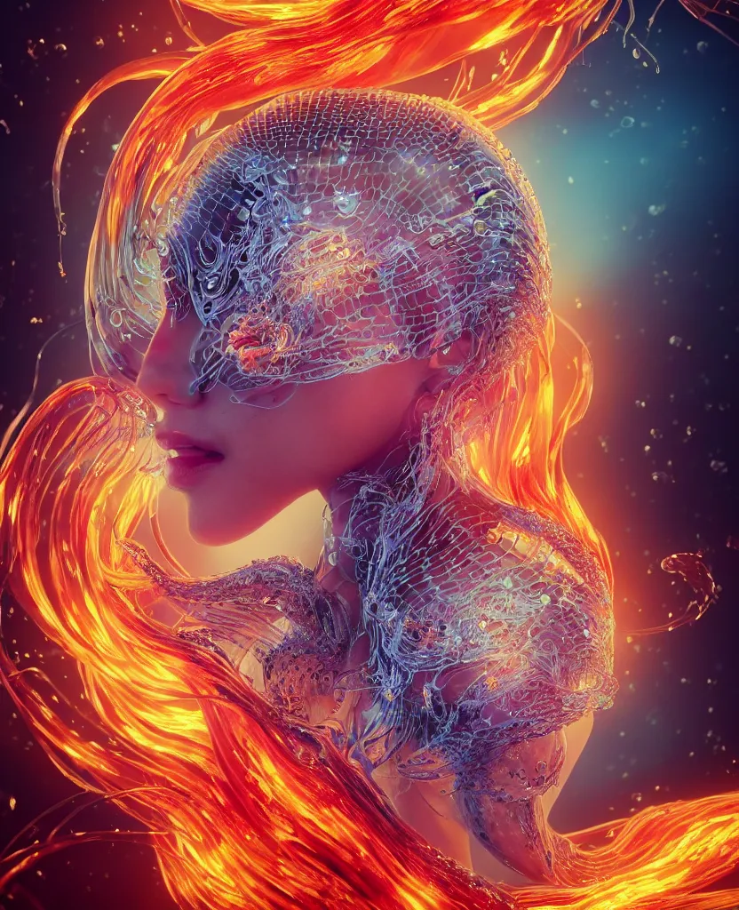 Image similar to close-up macro portrait of the face of a beautiful princess, epic angle and pose, symmetrical artwork, 3d with depth of field, blurred background, cybernetic jellyfish female face skull phoenix bird, translucent, nautilus, energy flows of water and fire. a highly detailed epic cinematic concept art CG render. made in Maya, Blender and Photoshop, octane render, excellent composition, cinematic dystopian brutalist atmosphere, dynamic dramatic cinematic lighting, aesthetic, very inspirational, arthouse. y Greg Rutkowski, Ilya Kuvshinov, WLOP, Stanley Artgerm Lau, Ruan Jia and Fenghua Zhong