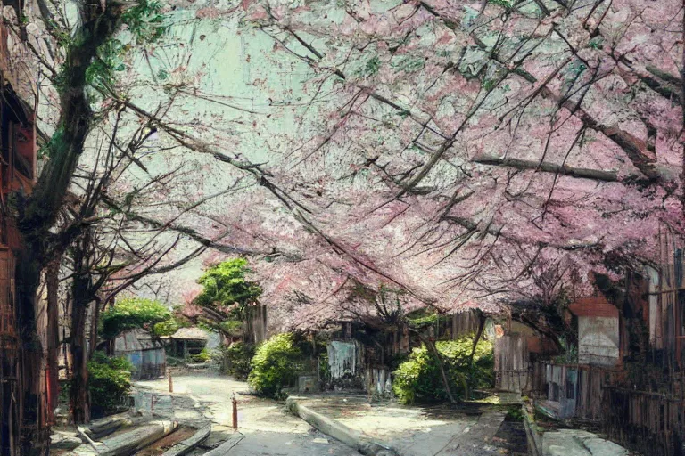 Prompt: beautiful Japanese alleyway with sakura trees by John Berkey, rule of thirds, beautiful, sharp focus