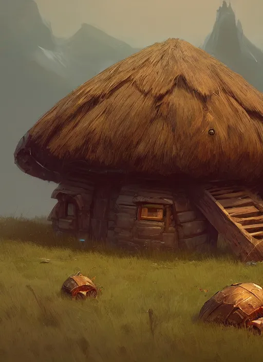 Image similar to hut with big legs, greg rutkowski, zabrocki, karlkka, jayison devadas, trending on artstation, 8 k, ultra wide angle, zenith view, pincushion lens effect