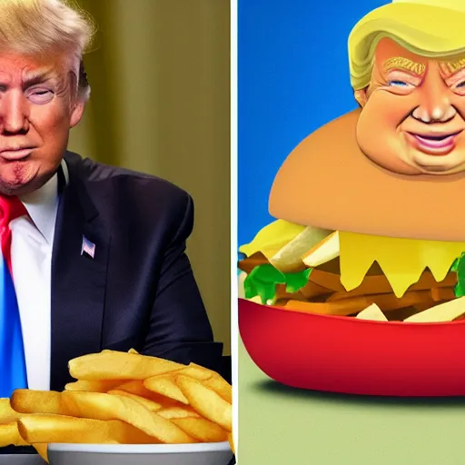 Image similar to Donald trump is gigantic and morbidly obese, he’s sitting on a mountain of cheeseburgers and French fries, hyperrealistic photo, highly detailed award-winning photography