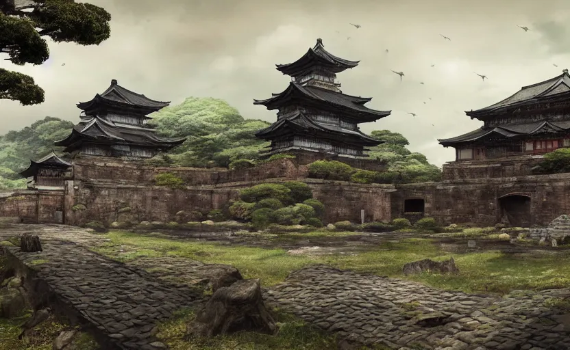 Image similar to detailed digital painting of old, ruined, japanese fort from sengoku period, overcast weather, environment concept art, photobash, overcast weather, unreal engine render, nanite