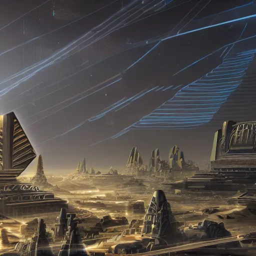 Image similar to a scene of a beautiful intricate epic futuristic pharaoh city with a cyber sphynx and hovering chariots taken from a distance, minimalist, cinematic lighting