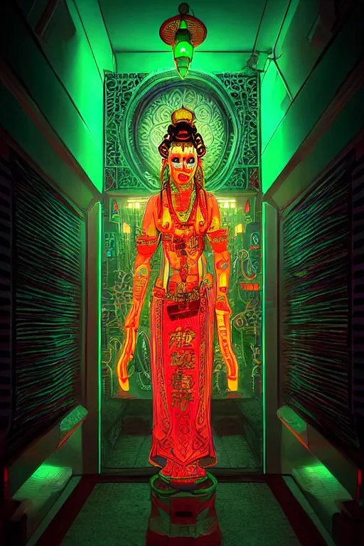 Image similar to a beautiful cyberpunk oriental deity, neon lanterns, intricate details, soft lighting, by warren louw,