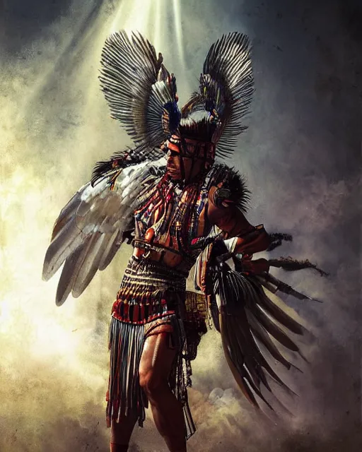 Image similar to a tupi guarani warrior with angelic wings, by tsuyoshi nagano, by greg rutkowski, dramatic lighting, blood, god rays, angelical, symmetrical, intricate, detailed, cinematic, masterpiece, extreme details, volumetric light