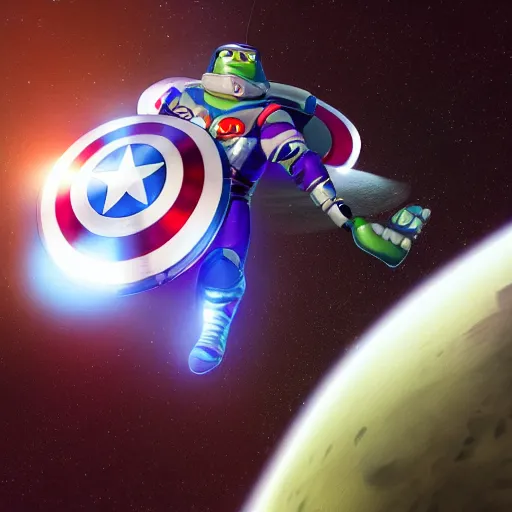 Prompt: a photorealistic photograph of a knitted Buzz Lightyear themed Captain America flying through outer space, Mars in distance, featuring the shield - Trending on Artstation, featured on Behance, well-rendered, Unreal Engine, 4K HD