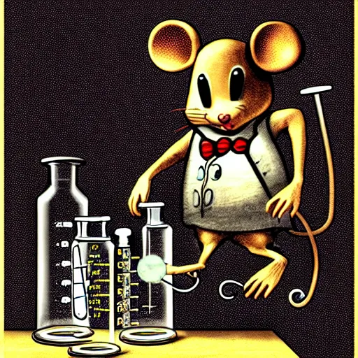 Prompt: anthropomorphic steampunk mouse performing a chemistry experiment with bright radioactive beakers, realistic, chiaroscuro, renaissance art, realistic, intricate textures