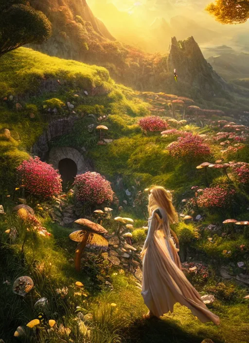 Image similar to a beautiful fairy in the lord of the rings scenery landscape, looking out at a vast lush valley of flowers and mushroom structures, sunrise, god's rays highly detailed, vivid color, cinematic lighting, perfect composition, 8 k, gustave dore, derek zabrocki, greg rutkowski, belsinski, octane render