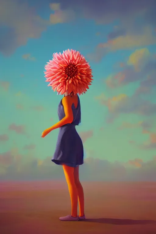 Image similar to closeup giant dahlia flower head, girl standing on beach, surreal photography, blue sky, sunrise, dramatic light, impressionist painting, digital painting, artstation, simon stalenhag