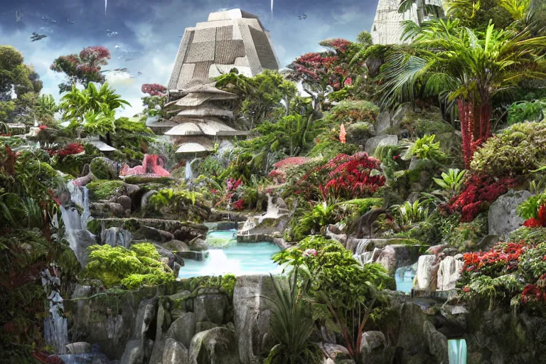 Prompt: brutalist white Aztec structures, manicured garden of eden, vivid pools and streams, tropical foliage, bromeliads, azaleas, Japanese maples, birds, sculpture gardens, Winter, by Jessica Rossier and Brian Froud