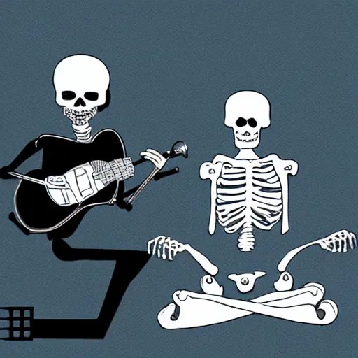 Image similar to skeleton wearing headphones watching girl playing guitar with her black cat standing next to her, digital art