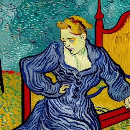 Prompt: a queen size bed taking a huge dump on amber heard after she had fallen into a puddle. in the smart style of vincent van gogh. ultra high resolution. high detail. high contrast.