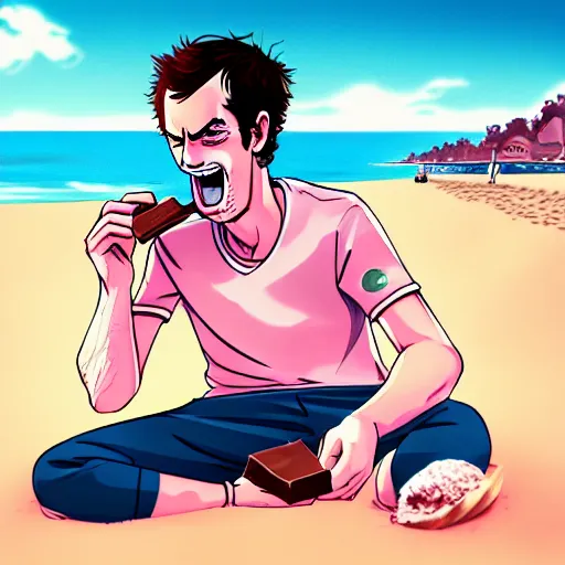 Image similar to andy murray eating chocolate on the beach, sunshine, illustration, manga, anime, trending on artstation