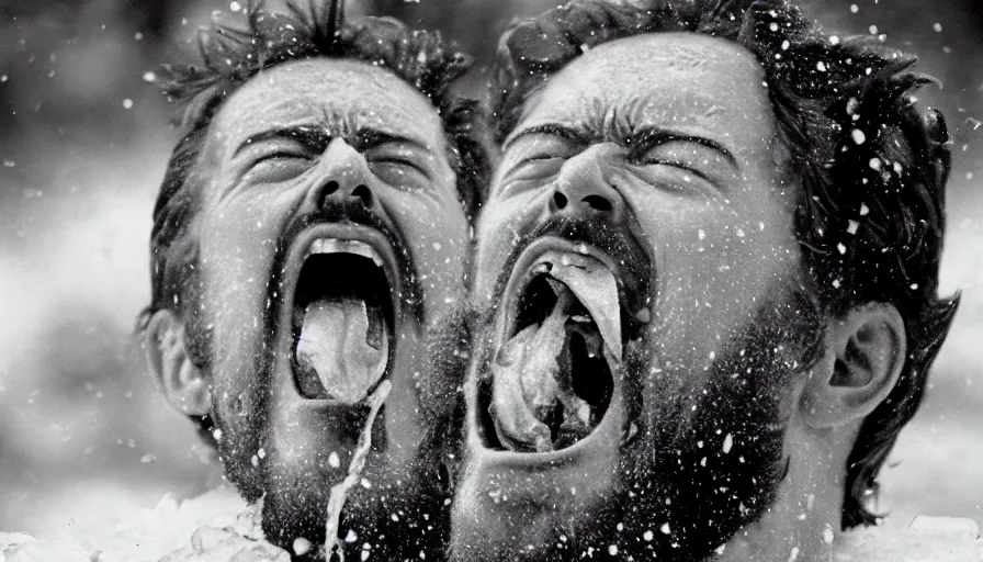 Prompt: 1 9 6 0 s movie still close up of marcus aurelius screaming frozen to death in a river with gravel, pine forests, cinestill 8 0 0 t 3 5 mm b & w, high quality, heavy grain, high detail, texture, dramatic light, anamorphic, hyperrealistic, detailed hair foggy