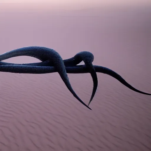 Prompt: a giant squid octopus chimea hanging from the clouds over a desert with beautiful dunes, still from the movie the arrival, 8k