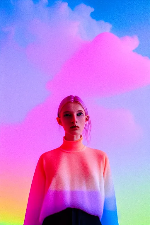 Image similar to high quality pastel coloured film close up wide angle photograph of a model wearing clothing resting on cloud furniture in a icelandic black rock!! environment in a partially haze filled dreamstate world. three point light, rainbow. photographic production. art directed. pastel colours. volumetric clouds. pastel gradient overlay. waves glitch artefacts. extreme facial clarity. 8 k. filmic.