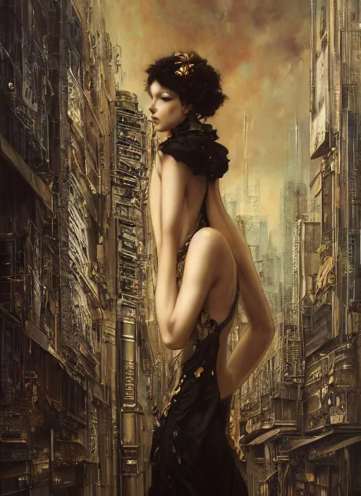 Image similar to highly detailed oil painting | very intricate | cinematic lighting | award - winning | tokyo cityscape fashion by alexander mcqueen | by roberto ferri, by tom bagshaw, by j. c. leyendecker and klimt, american romanticism, by austin osman spare, artstation, cgsociety, official art, octane