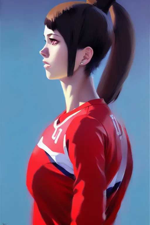 Image similar to A ultradetailed beautiful panting of a stylish woman wearing a volleyball jersey, Oil painting, by Ilya Kuvshinov, Greg Rutkowski and Makoto Shinkai