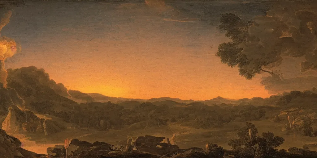 Prompt: where's wally at sunset in an exploding volcano seething, ethereal landscape, claude lorrain pastoral landscape