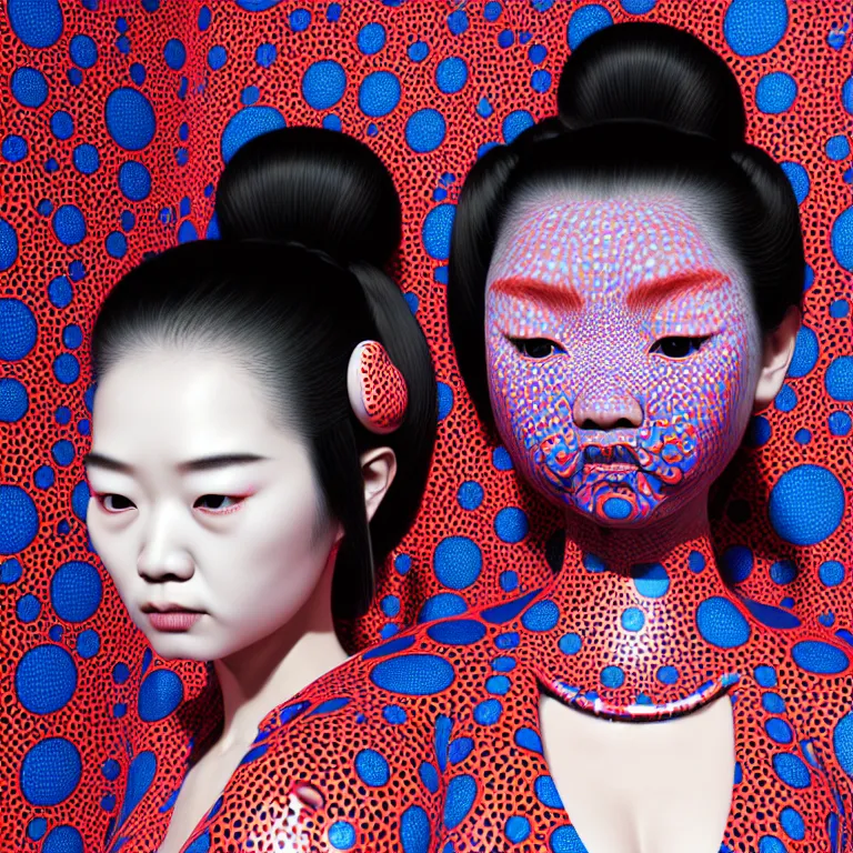 Image similar to hyperrealistic detailed image of a geisha in a art installation room, hd smooth interior by yayoi kusama, part by kei mieno, part by ross tran, dark art by james jean, ultra realistic, highly detailed, life like face, detailed body, 8 k, 3 d render by roger magrini, masterpiece