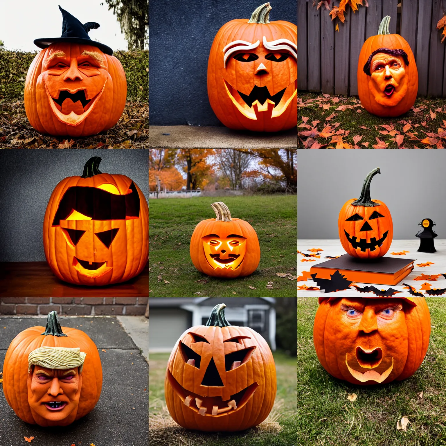 Image similar to halloween pumpkin that looks like donald trump, sigma 8 5 mm