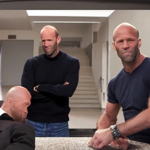 Prompt: bill gates and jason statham fight while drake watches them