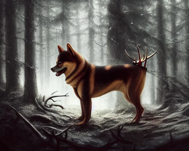 Prompt: 5 5 mm portrait photo of an armored demonic shiba inu with antlers, in a magical forest. dark atmosphere. art by greg rutkowski. highly detailed 8 k. intricate. lifelike. soft light. nikon d 8 5 0.