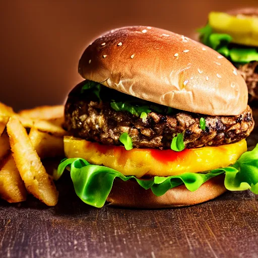 Image similar to juicy hamburger with crispy buns with pineapple topping, 8 k resolution, food photography, studio lighting, sharp focus, hyper - detailed