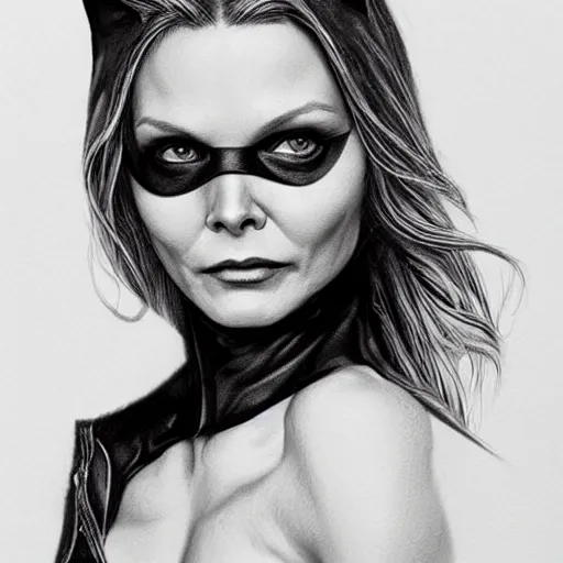 Prompt: amazing lifelike award winning pencil illustration of Michelle pfeiffer as catwoman trending on art station artgerm Greg rutkowski cinematic