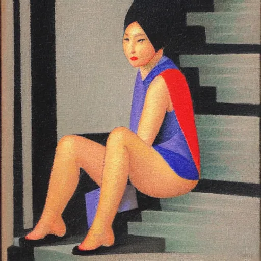 Image similar to an asian woman sitting on stairs, dark background, oil painting in style of Jean Metzinger