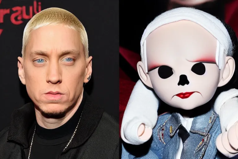 Image similar to Eminem as a ventriloquist doll, hyperrealistic