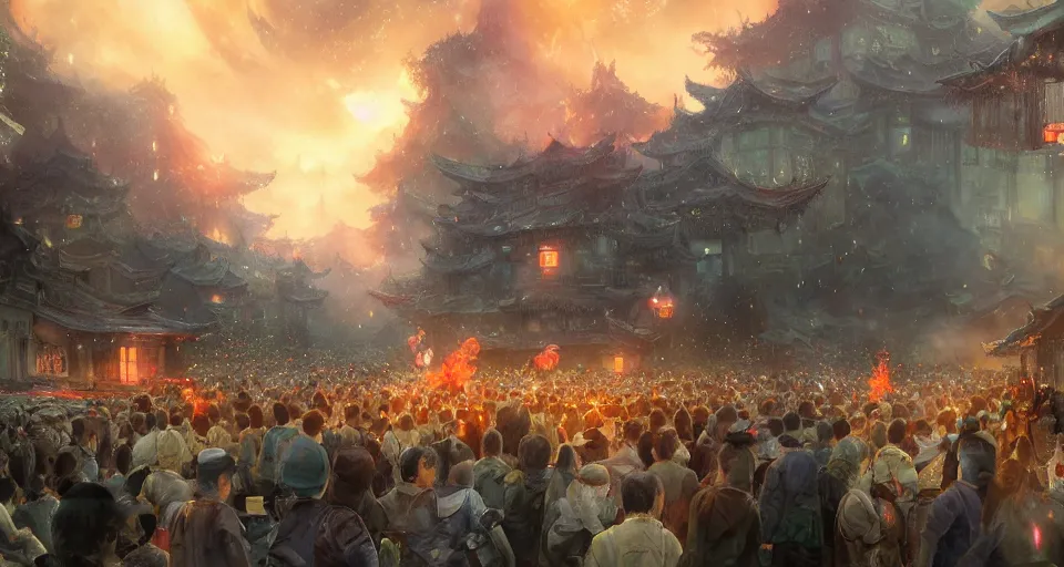 Prompt: craig mullins and ghibli digital art of zhongyuan festival in china ， lanterns ， unreal hell door with fire in the sky, black night sky, stars, below is the crowd, rivers, villages ， unreal engine, hyper realism, realistic shading, cinematic composition, realistic render, octane render, detailed textures, photorealistic, wide shot