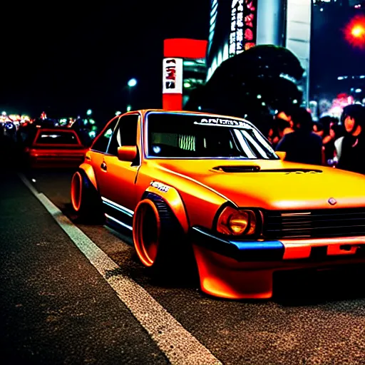 Prompt: a car S30 turbo drift at illegal car meet, shibuya prefecture, sunset night mist lights, cinematic color, photorealistic, highly detailed wheels, highly detailed