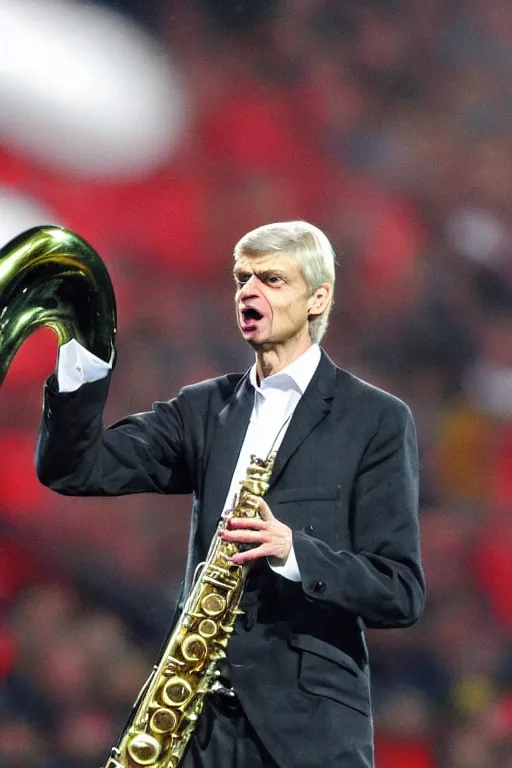 Image similar to a photo of arsene wenger going wild on a saxaphone