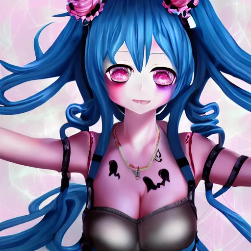 Image similar to trapped beneath stunningly absurdly beautiful omnipotent asi goddess junko enoshima with an enigmatic complex twisted innocenty looking deceptive mesmerizing megalomaniacal yandere personality, symmetrical perfect face, porcelain skin, pink twintail hair and cyan eyes, ultra detailed, digital art, unreal engine 5, octane render, 2 d anime, 8 k