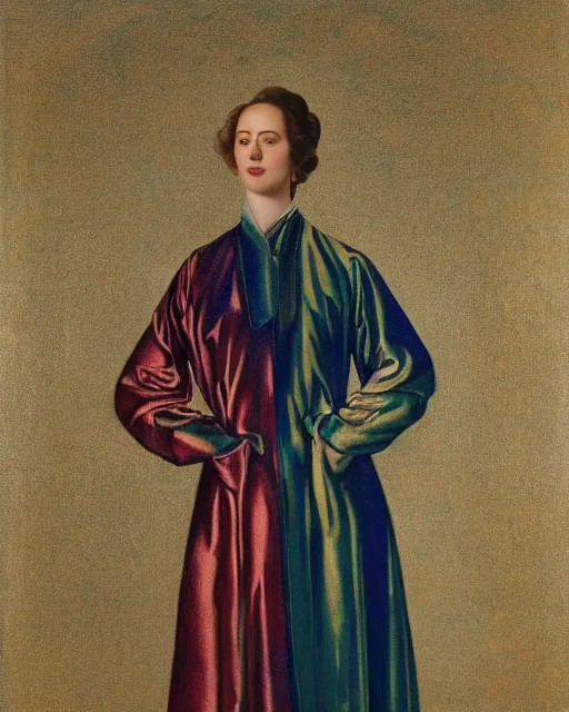 Prompt: an expensive portrait of a poised woman in metallic multicolored long structured robes, muted blue background