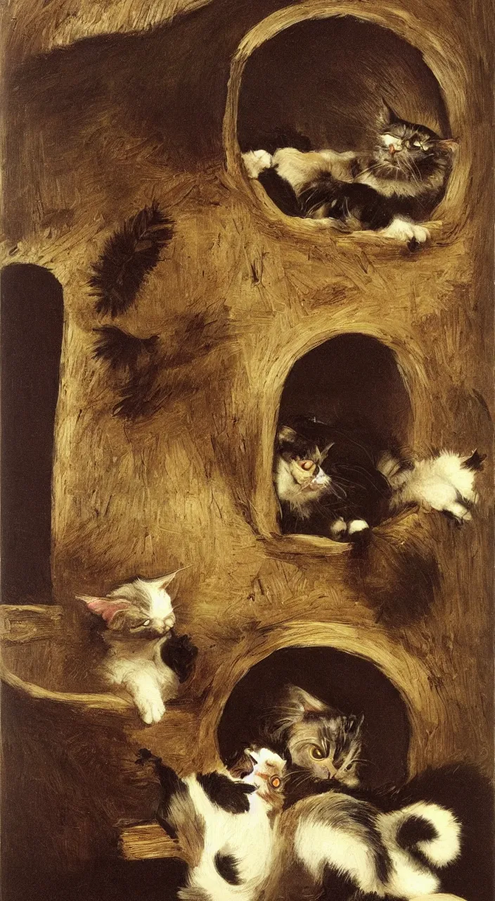 Image similar to a cat enters an almond shaped tunnel and leves groomed , cat tower , gothic, Caravaggio, funfair , burlesque