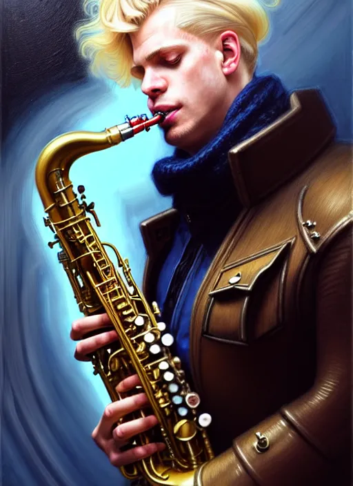 Image similar to portrait of a blond man playing sax, warhammer 40000, cyberpunk, intricate, elegant, highly detailed, digital painting, artstation, concept art, smooth, sharp focus, illustration, art by artgerm and greg rutkowski and alphonse mucha and Gustav Klimt