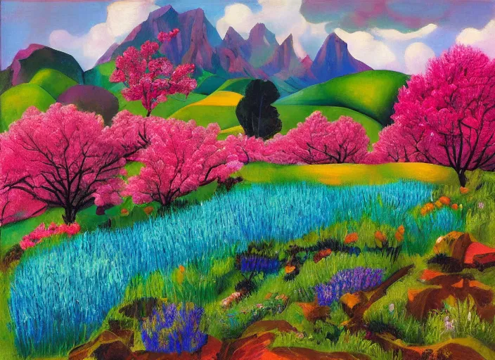 Image similar to mountain landscape in spring!!, flowers, teal landscape, dreamy light, sunny complementary palette, by and jacek yerga and tamara de lempicka and jesse king, pop surrealist, wiccan