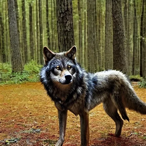 Image similar to werecreature consisting of a human and wolf, photograph captured in a forest