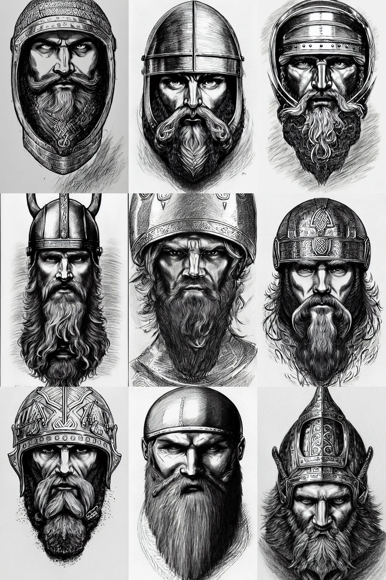 Prompt: detailed inktober drawing a head of a beared viking wearing helmet, white background, front face symmetrical, trending on artstation by gustave dore