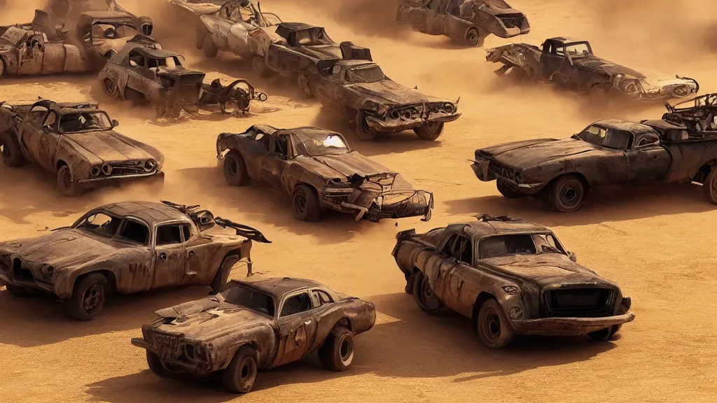 Image similar to mad max cars in a pixar movie