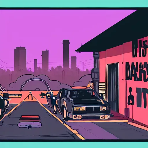 Image similar to a dusty hazey gta 5 loading screen day with smog and factory smoke, drawn in sharp vectors in a stylish modern hand drawn artist, trending on artstation, featured on deviantart