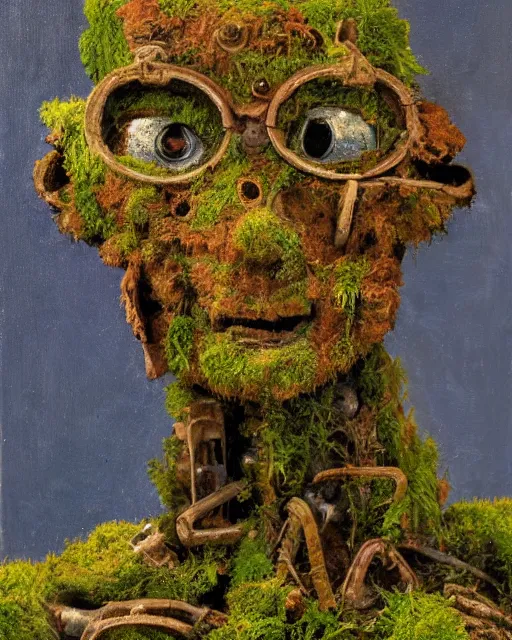 Image similar to detailed oil painting of a decayed, rusty, humanoid robot, covered in moss