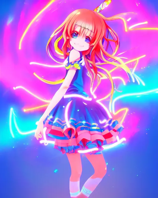 Image similar to anime style, vivid, expressive, full body, 4 k, painting, a cute magical girl idol with a long wavy colorful hair wearing a colorful dress, correct proportions, stunning, realistic light and shadow effects, neon lights, studio ghibly makoto shinkai yuji yamaguchi, wlop