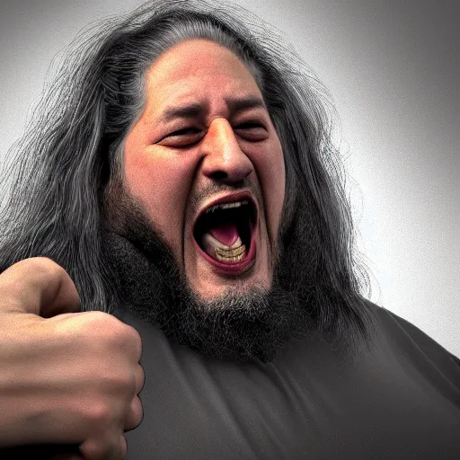 Image similar to richard stallman screaming, angry, waving fists, furious, photograph, photorealistic, detailed, 8k HDR, trending on artstation,